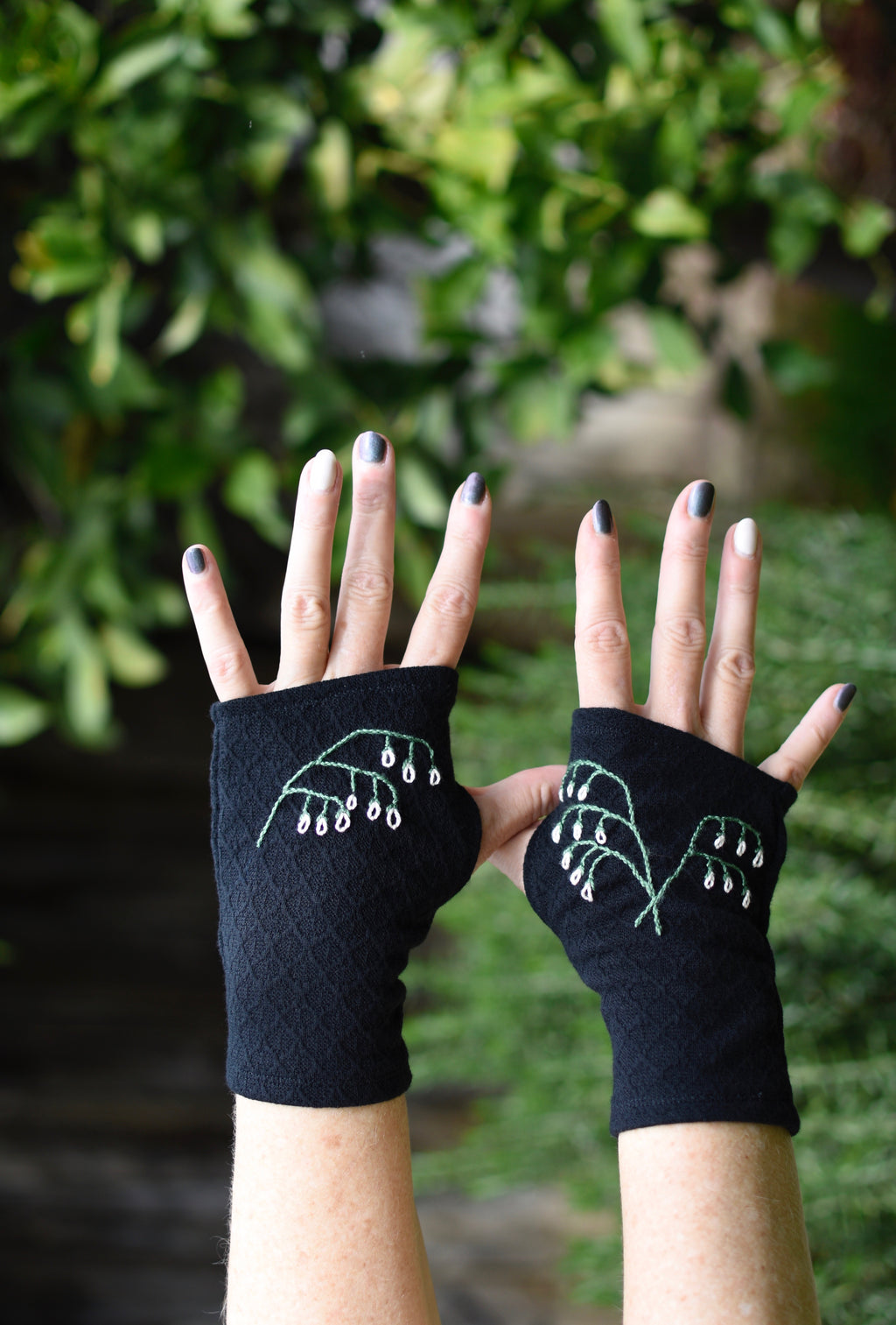 Black Lily of the Valley Fingerless Gloves